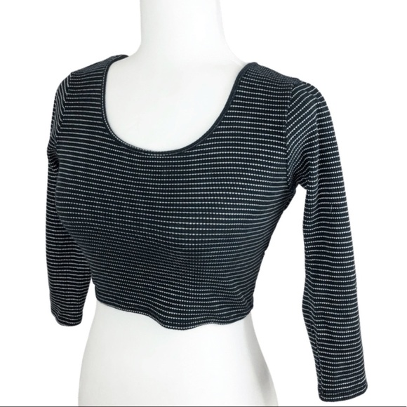 Black White Stripe Cropped Wrap Long Sleeve Womens Cut Out Top - Picture 4 of 16